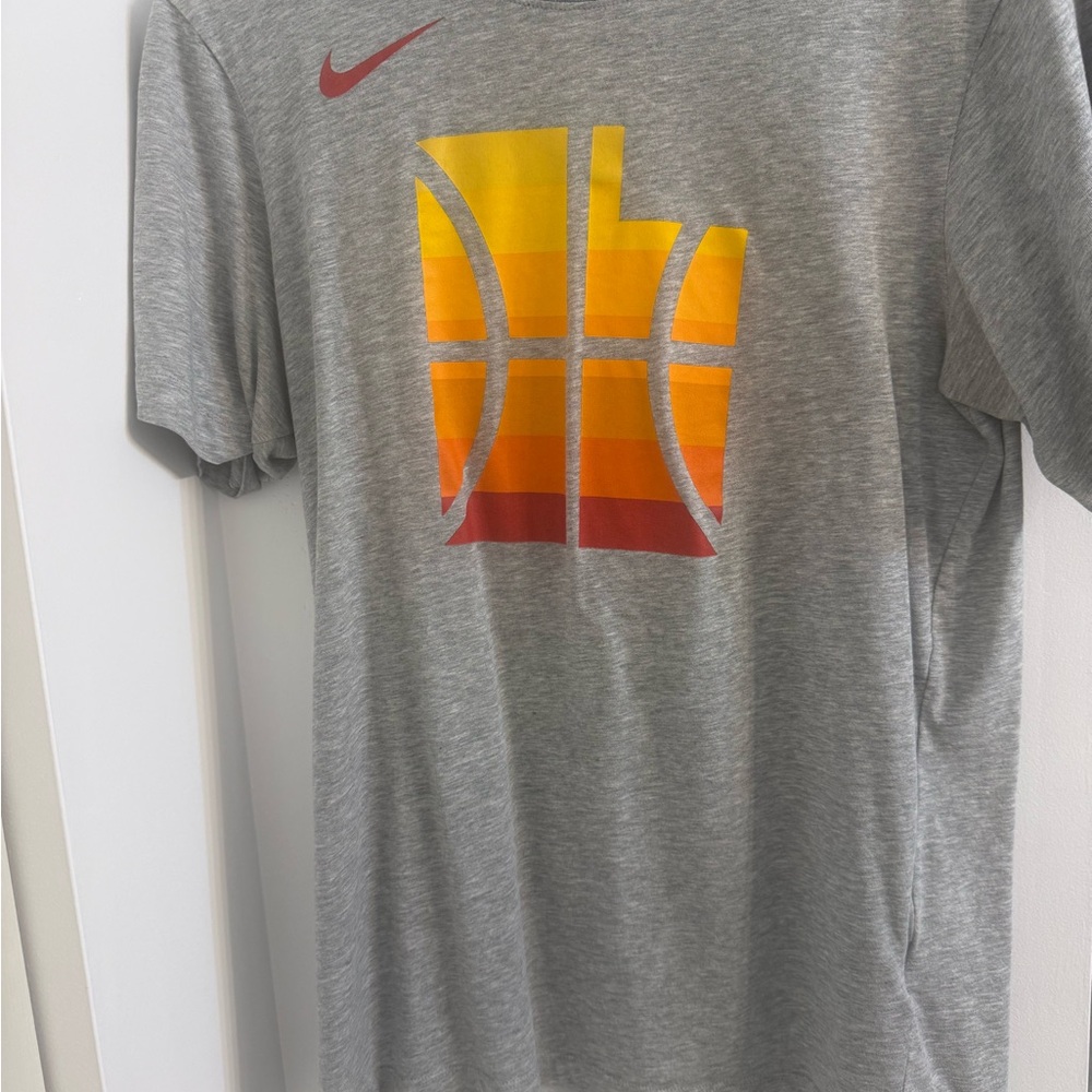 Utah Jazz NBA Nike Gray Tee with Red and Orange Basketball Graphic